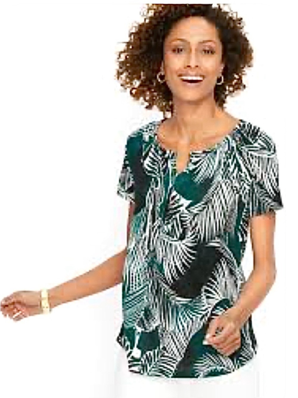Talbots MP Green & White Tropical Leaf Short Sleeve Blouse